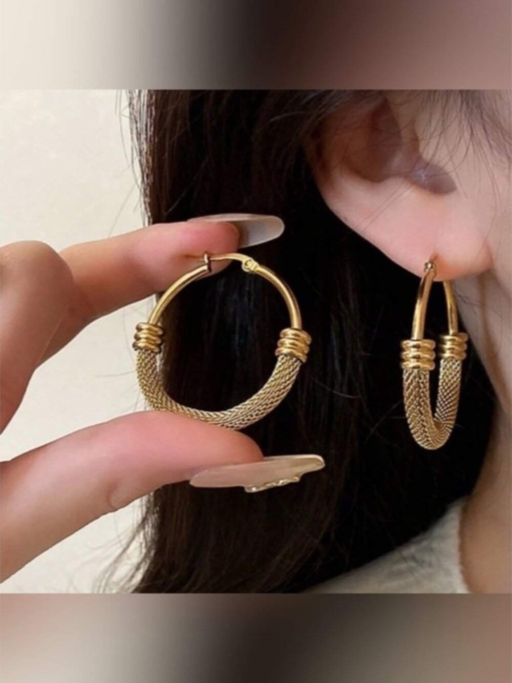 Gold Plated Stainless Steel Textured Hoop Earrings